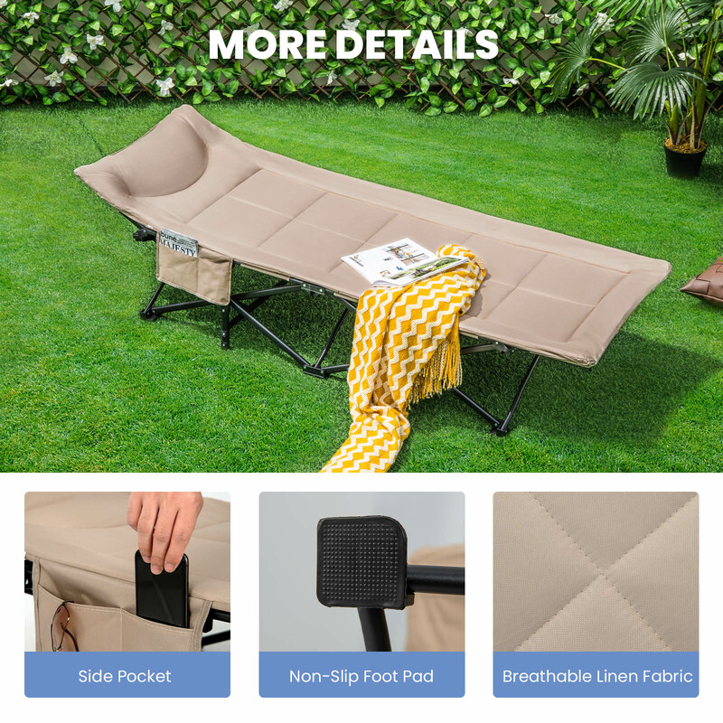 Hopfällbar campingsäng med sidoficka och hög bärkapacitet för utomhusbruk i khaki
