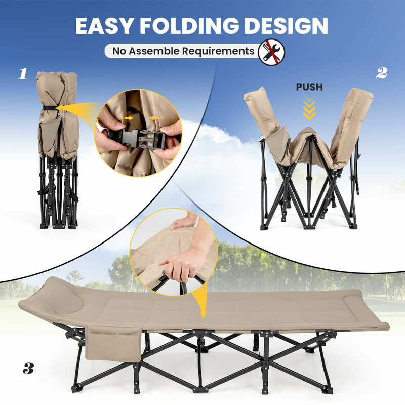 Hopfällbar campingsäng med sidoficka och hög bärkapacitet för utomhusbruk i khaki