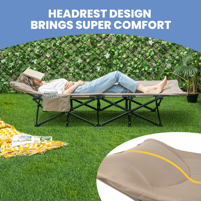 Hopfällbar campingsäng med sidoficka och hög bärkapacitet för utomhusbruk i khaki