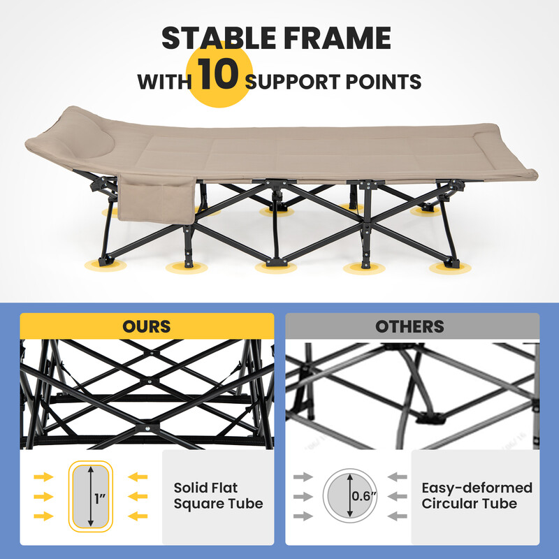 Hopfällbar campingsäng med sidoficka och hög bärkapacitet för utomhusbruk i khaki