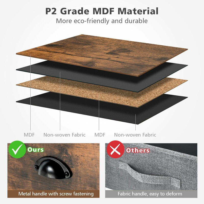 Rustik brun byrå med 5 lådor och fällbara tygskåp för praktisk förvaring