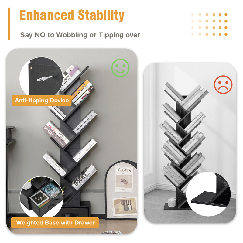 Trädformad bokhylla med 10 hyllor och låda i svart för modern inredning