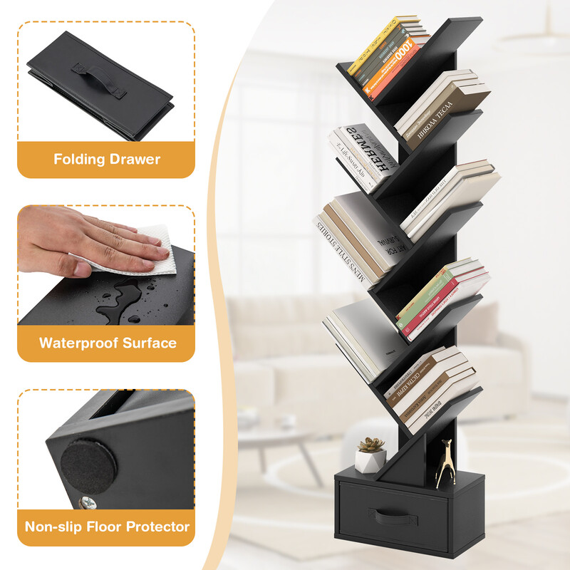 Trädformad bokhylla med 10 hyllor och låda i svart för modern inredning