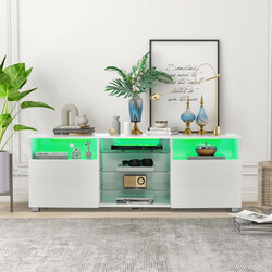 Tv-bänk med LED-belysning och justerbara glashyllor för modern inredning