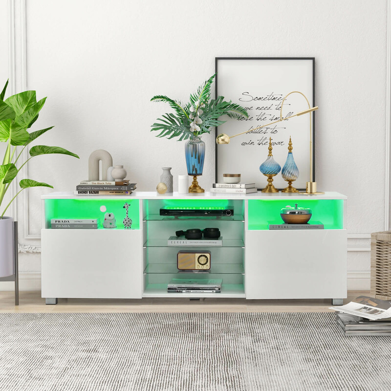 Tv-bänk med LED-belysning och justerbara glashyllor för modern inredning