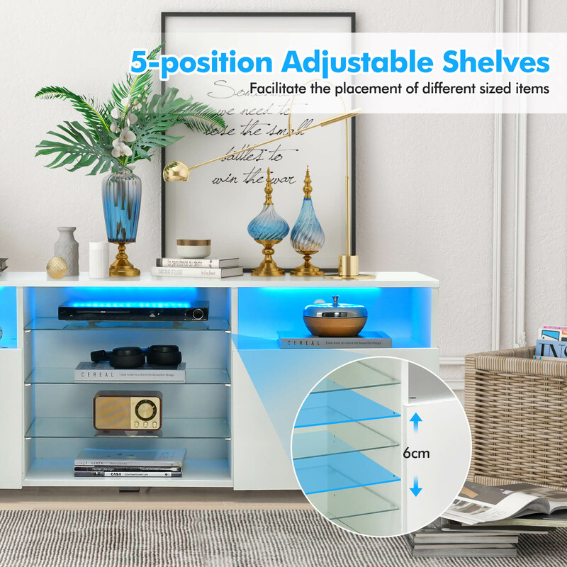 Tv-bänk med LED-belysning och justerbara glashyllor för modern inredning