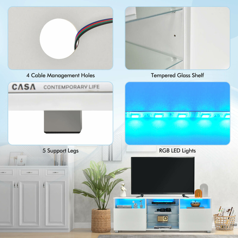 Tv-bänk med LED-belysning och justerbara glashyllor för modern inredning