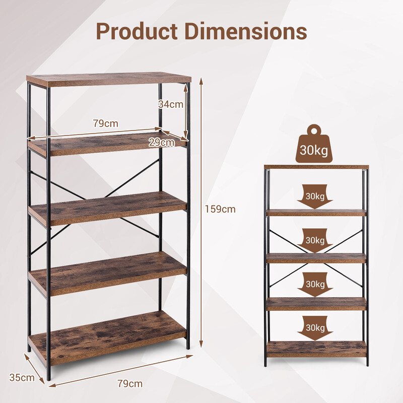 Bokhylla med 5 hyllplan och metallram i industriell design för hem och kontor