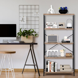 Bokhylla med 5 plan och metallram i industriell design för hem och kontor grå