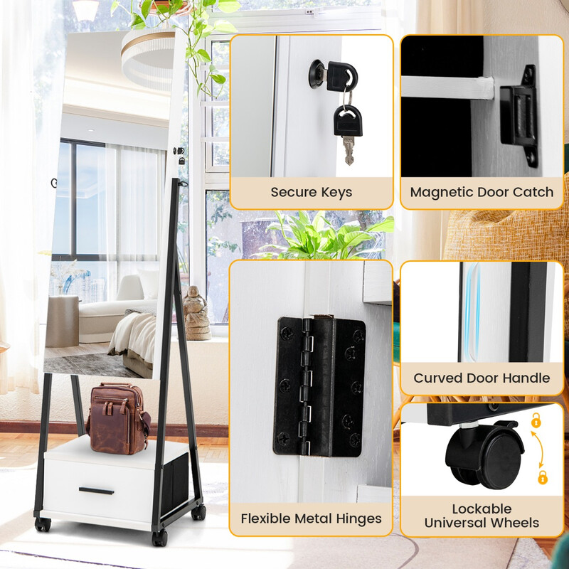 Smyckeskåp och make-up-organizer med helkroppsspegel, vit, 42 x 38 x 157 cm