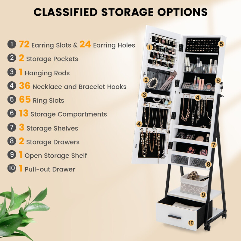 Smyckeskåp och make-up-organizer med helkroppsspegel, vit, 42 x 38 x 157 cm