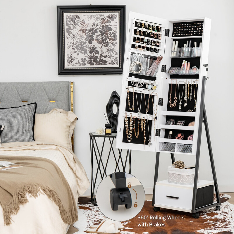 Smyckeskåp och make-up-organizer med helkroppsspegel, vit, 42 x 38 x 157 cm