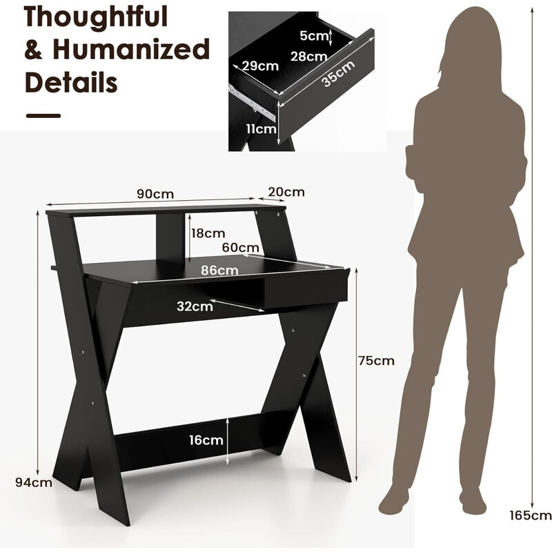 X-formad ergonomisk skrivbord med låda och monitorhylla i svart färg