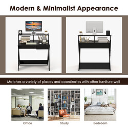 X-formad ergonomisk skrivbord med låda och monitorhylla i svart färg