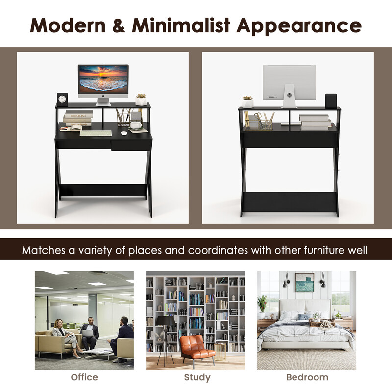 X-formad ergonomisk skrivbord med låda och monitorhylla i svart färg