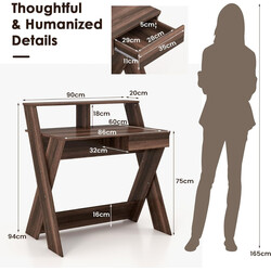 X-formad datorskrivbord med låda och bildskärmshöjare i valnöt för ergonomisk arbetskomfort