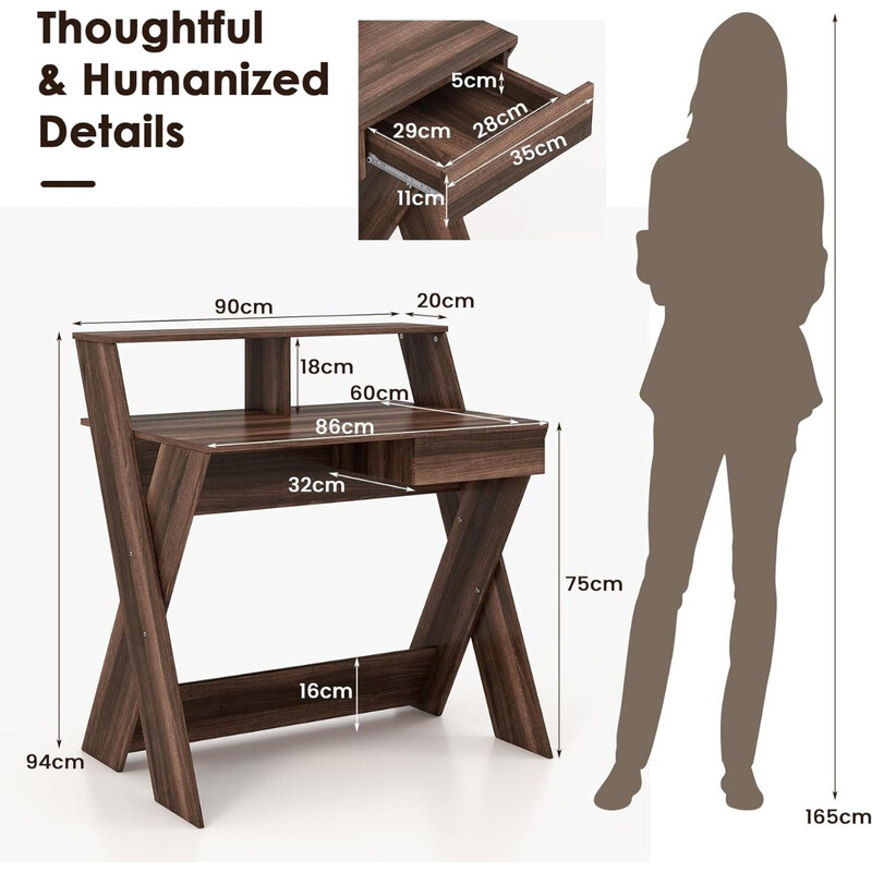 X-formad datorskrivbord med låda och bildskärmshöjare i valnöt för ergonomisk arbetskomfort