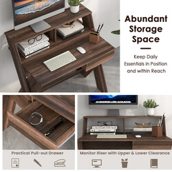 X-formad datorskrivbord med låda och bildskärmshöjare i valnöt för ergonomisk arbetskomfort