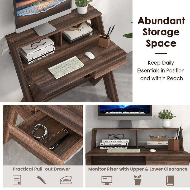 X-formad datorskrivbord med låda och bildskärmshöjare i valnöt för ergonomisk arbetskomfort