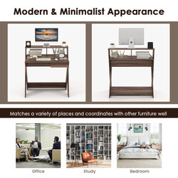 X-formad datorskrivbord med låda och bildskärmshöjare i valnöt för ergonomisk arbetskomfort