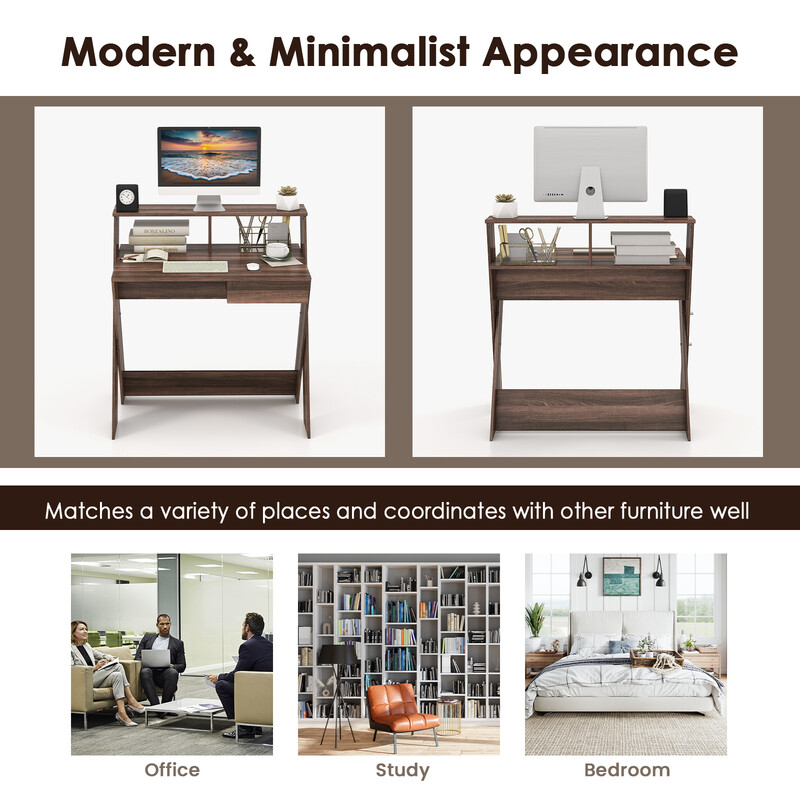 X-formad datorskrivbord med låda och bildskärmshöjare i valnöt för ergonomisk arbetskomfort