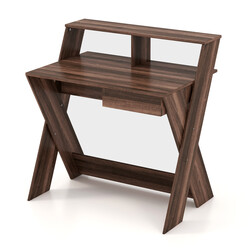 X-formad datorskrivbord med låda och bildskärmshöjare i valnöt för ergonomisk arbetskomfort