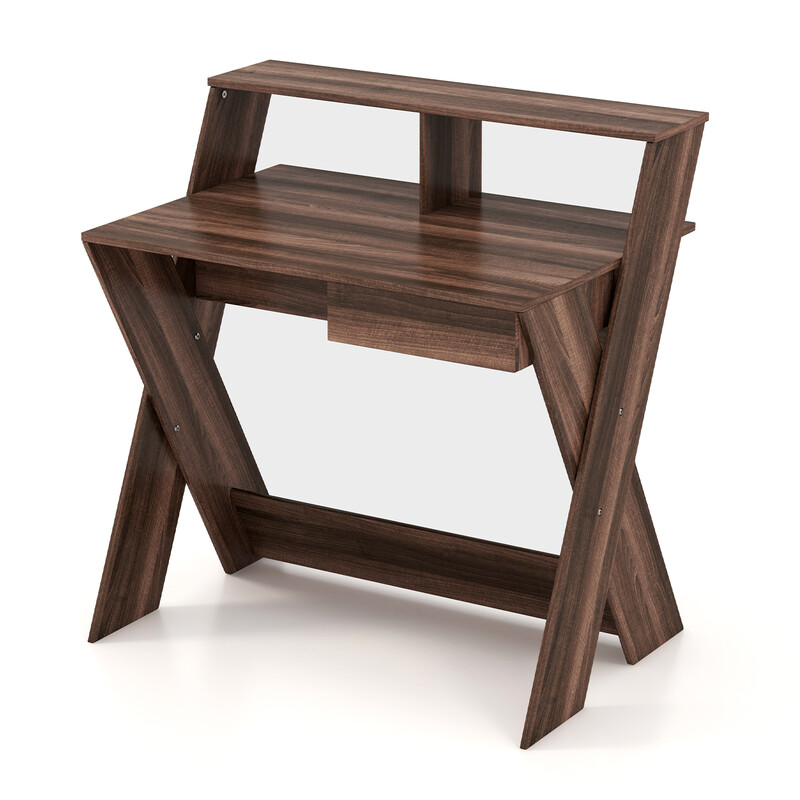 X-formad datorskrivbord med låda och bildskärmshöjare i valnöt för ergonomisk arbetskomfort