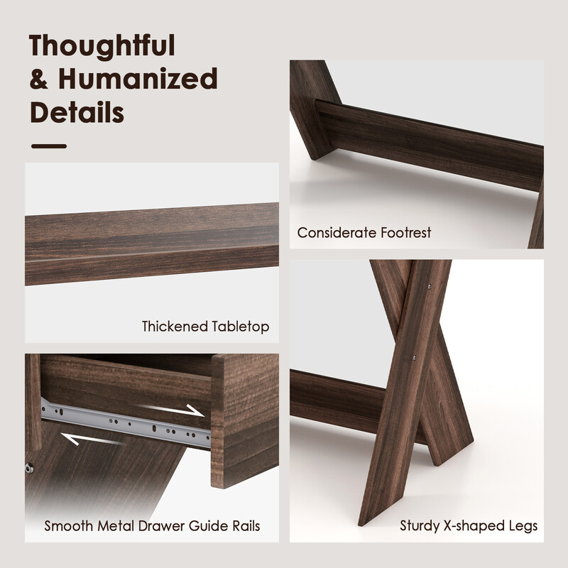 X-formad datorskrivbord med låda och bildskärmshöjare i valnöt för ergonomisk arbetskomfort