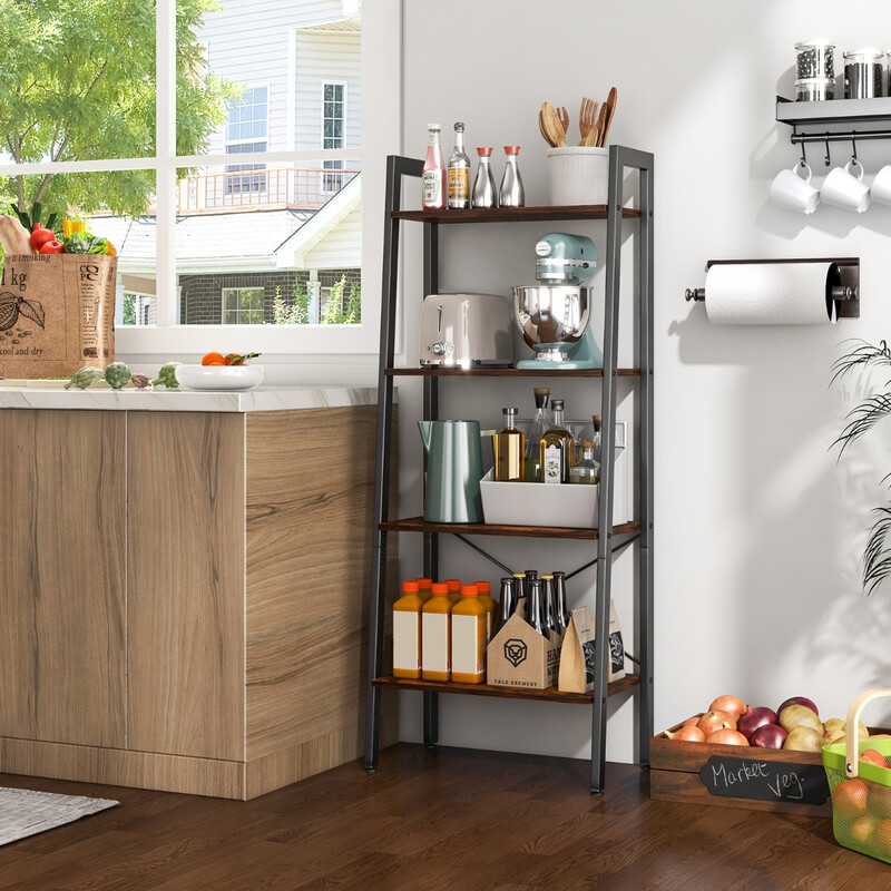 Bokhylla med fyra nivåer och metallram i rustik brun design