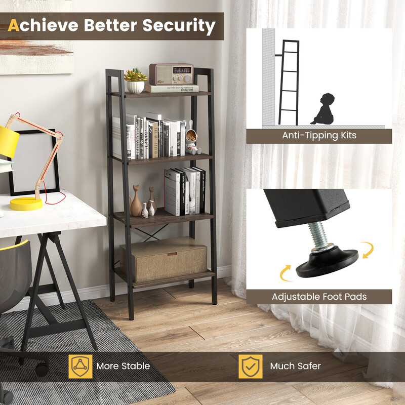 Bokhylla med fyra nivåer och metallram i grå ek för stabil och modern förvaring