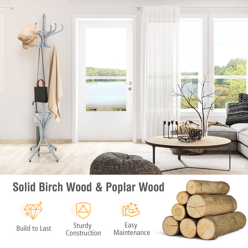 Vit klädhängare med paraplyställ och 12 krokar i björk och poppel