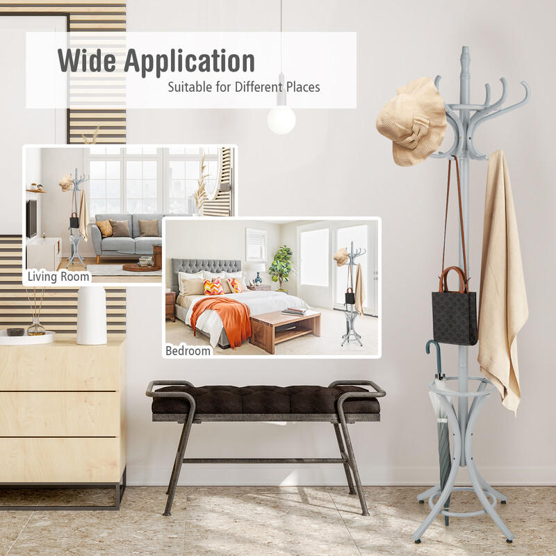 Vit klädhängare med paraplyställ och 12 krokar i björk och poppel