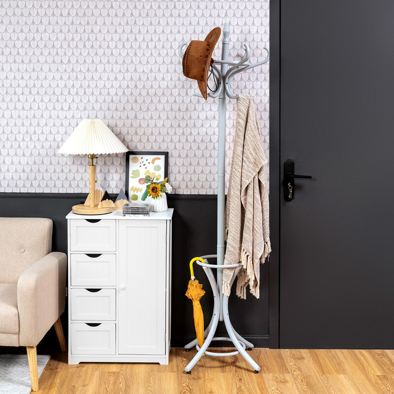 Vit klädhängare med paraplyställ och 12 krokar i björk och poppel