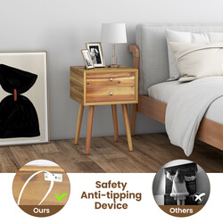 Sängbord i trä med 2 lådor och hylla, naturlig finish, 40 x 40 x 59,5 cm