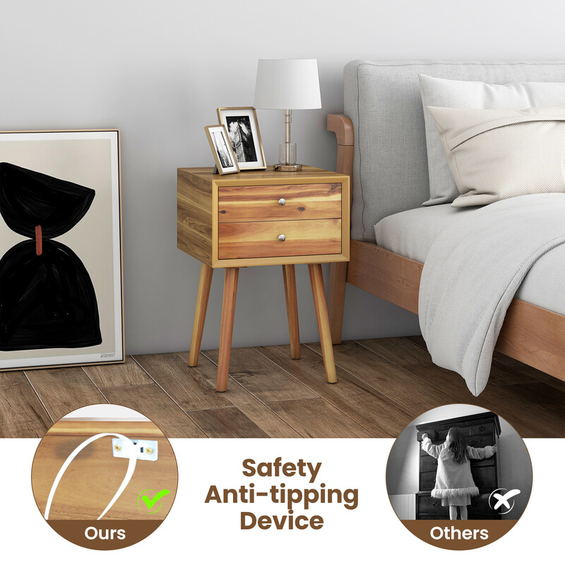 Sängbord i trä med 2 lådor och hylla, naturlig finish, 40 x 40 x 59,5 cm