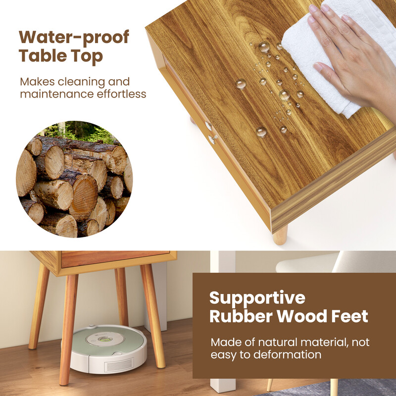 Sängbord i trä med 2 lådor och hylla, naturlig finish, 40 x 40 x 59,5 cm