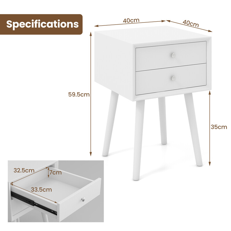 Sängbord med 2 lådor i trä, vit, 40 x 40 x 59,5 cm