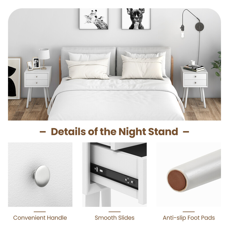 Sängbord med 2 lådor i trä, vit, 40 x 40 x 59,5 cm