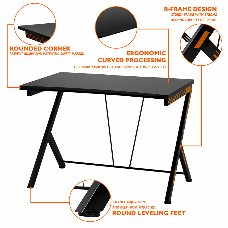Ergonomiskt gamingbord 116 cm med justerbara fötter och stabil r-formad konstruktion svart