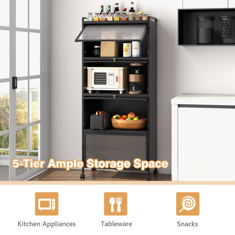 Köksförvaringshylla med hjul och svängdörrar i svart, 60 x 32 x 154 cm