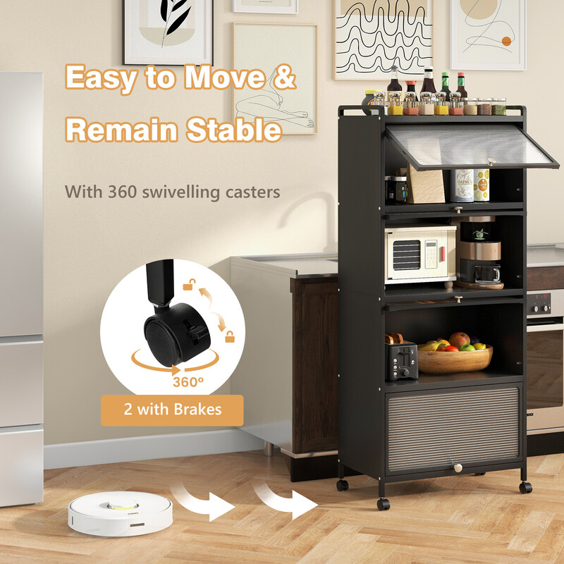 Köksförvaringshylla med hjul och svängdörrar i svart, 60 x 32 x 154 cm