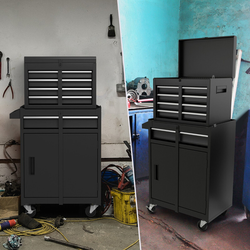 2-i-1 verktygsvagn med avtagbar låda och justerbar hylla, 100 kg kapacitet