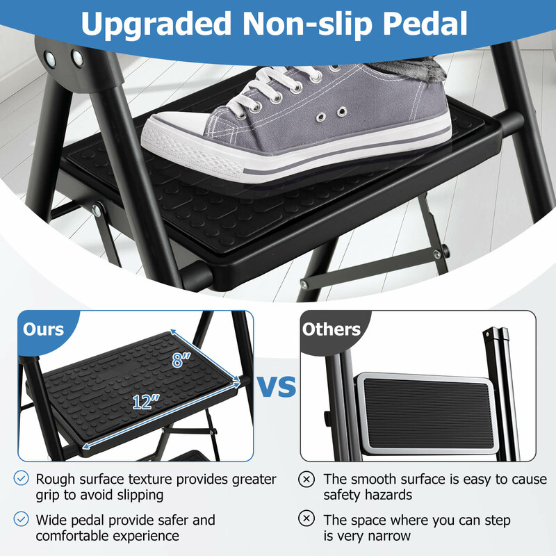 Tvåstegs hopfällbar stege med vadderat handtag och halkfria steg, svart 47x39x71 cm