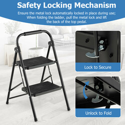 Tvåstegs hopfällbar stege med vadderat handtag och halkfria steg, svart 47x39x71 cm
