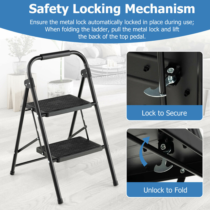 Tvåstegs hopfällbar stege med vadderat handtag och halkfria steg, svart 47x39x71 cm