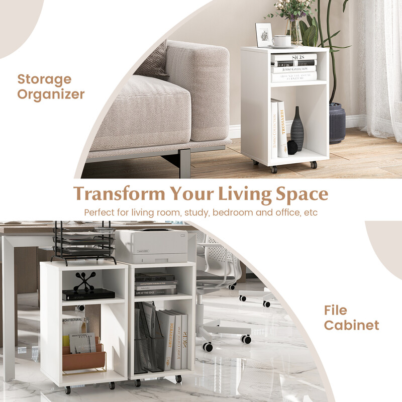 Mobil kontorsskåp med 2 öppna hyllor, vit, 33 x 30 x 58 cm