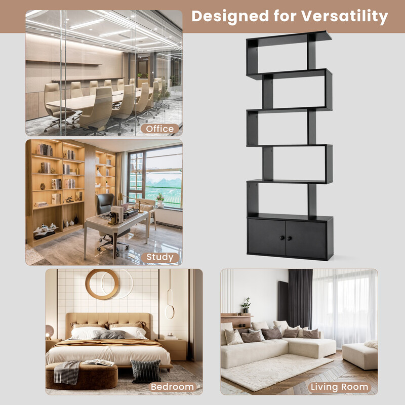 Bokhylla med dörrar och 5 hyllplan i trä, svart, 183 x 70 x 23 cm