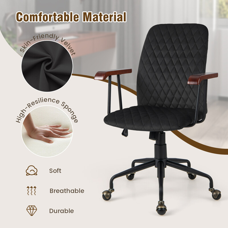 Höj- och sänkbar kontorsstol i sammet med ergonomiskt ryggstöd, svart, upp till 150 kg