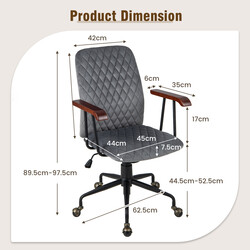 Höj- och sänkbar kontorsstol i grå sammet med ergonomiskt ryggstöd, maxvikt 150 kg