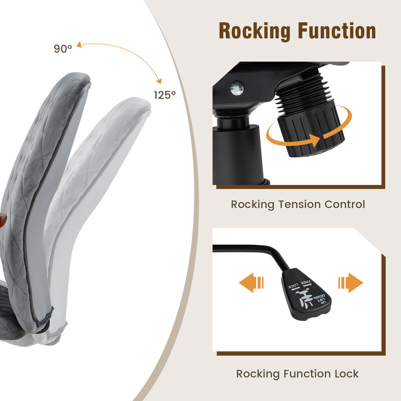 Höj- och sänkbar kontorsstol i grå sammet med ergonomiskt ryggstöd, maxvikt 150 kg